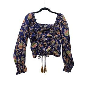 Calligraphie Navy Blue Floral Pineapple Ruched Crop Top Tassel Tie Womens Medium